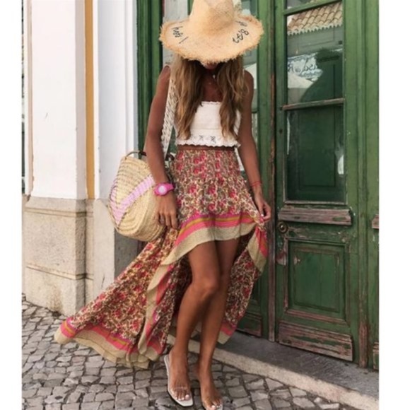 Boho Floral print Stretchy waist High Low Maxi Skirt - Picture 2 of 4